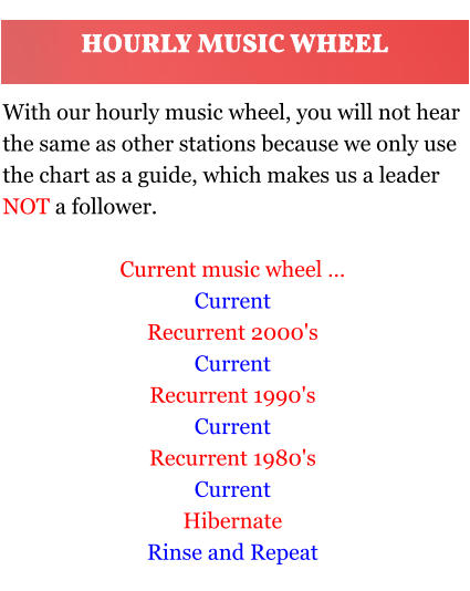 With our hourly music wheel, you will not hear the same as other stations because we only use the chart as a guide, which makes us a leader NOT a follower.  Current music wheel … Current Recurrent 2000's Current Recurrent 1990's Current Recurrent 1980's Current Hibernate Rinse and Repeat HOURLY MUSIC WHEEL